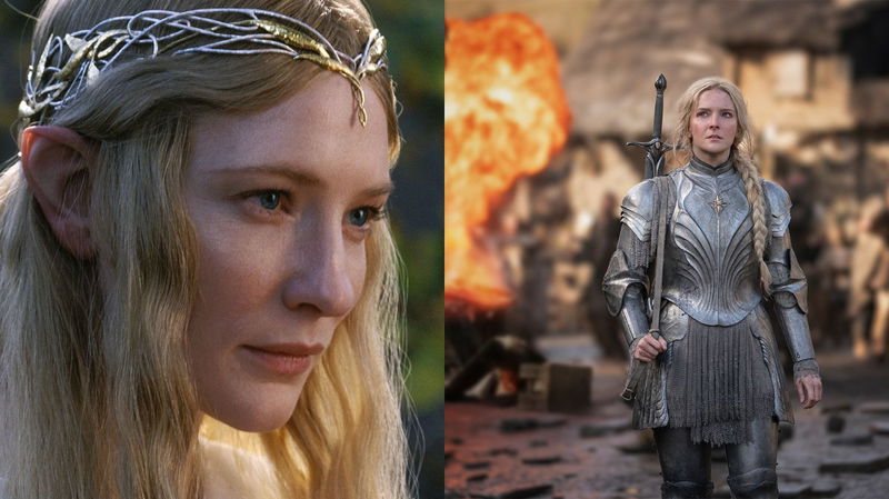 Galadriel gespeeld door Cate Blanchett in LotR-trilogie en Galadriel gespeeld door Morfydd Clark in 'The Rings of Power'