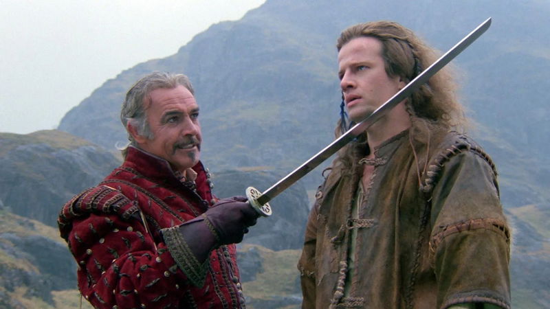 Christopher Lambert (rechts) en Sean Connery (links) in 'Highlander' (1986), afbeelding via TMDb